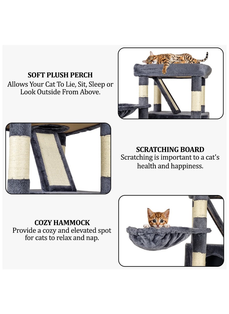 Cat tree tower with Wide perch, Scratching board, Cozy hammock, Cat turntable toy, Multiple cat condo, and Bottom large hammock, Multi-level cat tree for indoor cats 190 cm (Dark-grey)