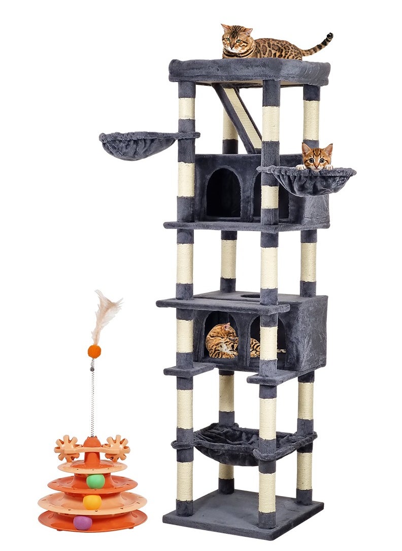 Cat tree tower with Wide perch, Scratching board, Cozy hammock, Cat turntable toy, Multiple cat condo, and Bottom large hammock, Multi-level cat tree for indoor cats 190 cm (Dark-grey)