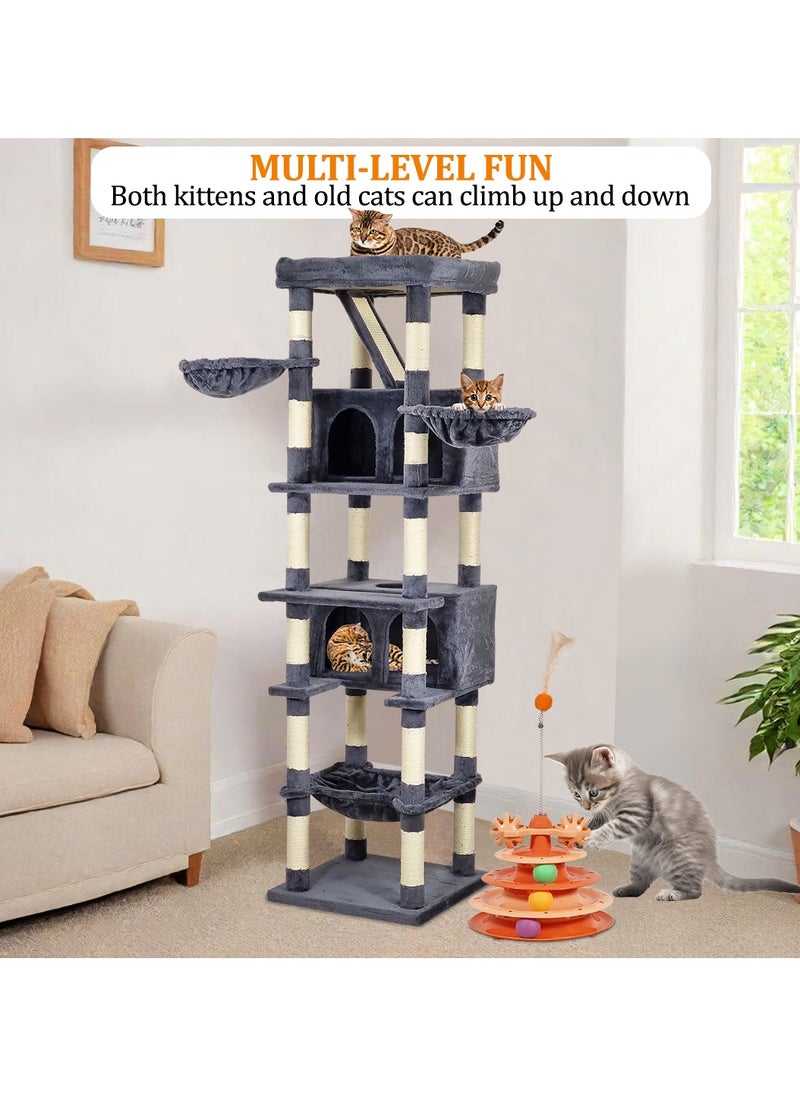 Cat tree tower with Wide perch, Scratching board, Cozy hammock, Cat turntable toy, Multiple cat condo, and Bottom large hammock, Multi-level cat tree for indoor cats 190 cm (Dark-grey)