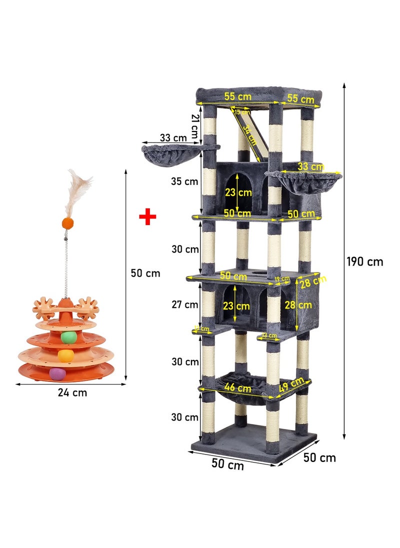 Cat tree tower with Wide perch, Scratching board, Cozy hammock, Cat turntable toy, Multiple cat condo, and Bottom large hammock, Multi-level cat tree for indoor cats 190 cm (Dark-grey)