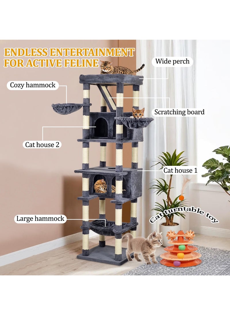 Cat tree tower with Wide perch, Scratching board, Cozy hammock, Cat turntable toy, Multiple cat condo, and Bottom large hammock, Multi-level cat tree for indoor cats 190 cm (Dark-grey)