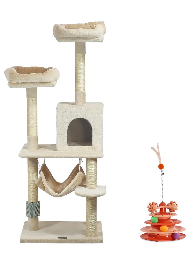 Cat tree, Cat tower for Indoor cat, Multi-level cat furniture with Cozy Hammock, Condo, and Top perches, Cat Tower with Track tower cat toy, Colorful play balls, Grooming self brush 145 cm (Beige)