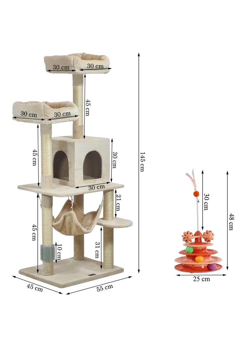 Cat tree, Cat tower for Indoor cat, Multi-level cat furniture with Cozy Hammock, Condo, and Top perches, Cat Tower with Track tower cat toy, Colorful play balls, Grooming self brush 145 cm (Beige)