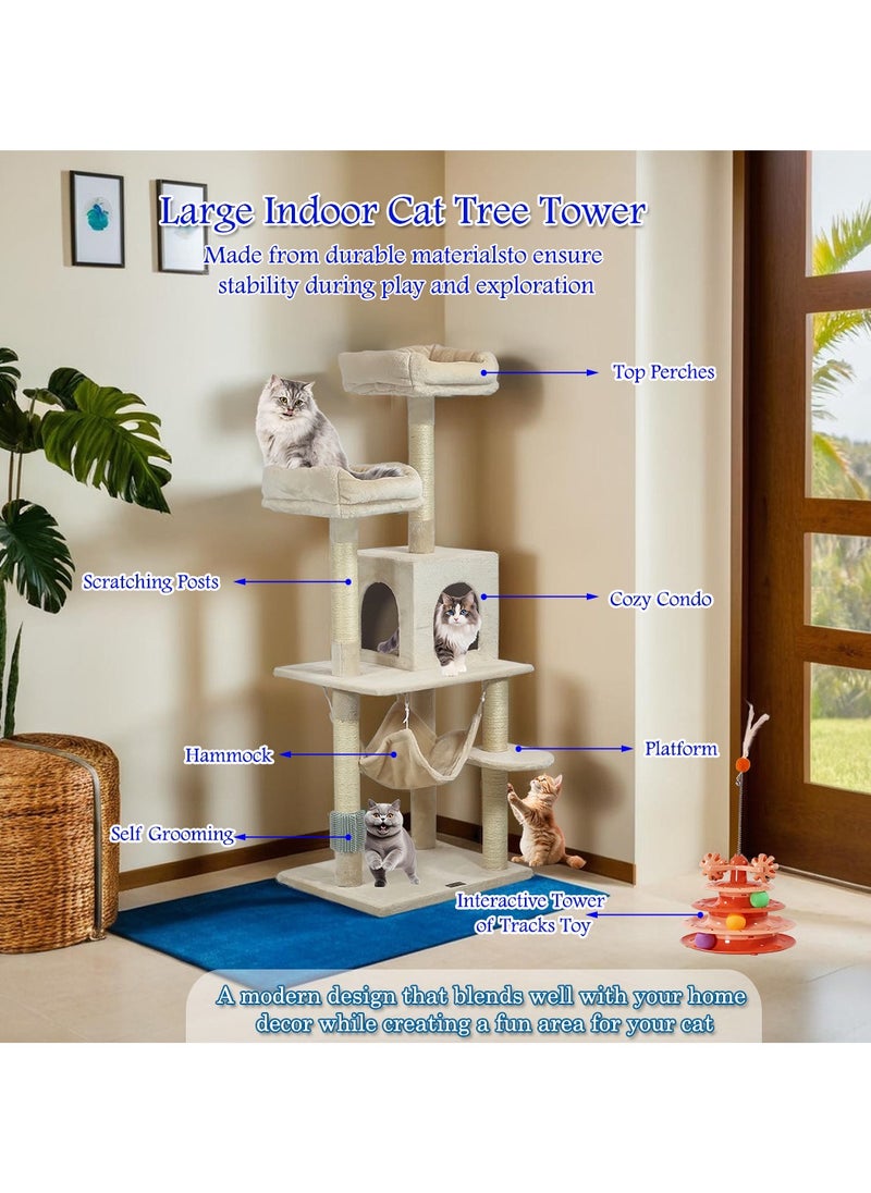 Cat tree, Cat tower for Indoor cat, Multi-level cat furniture with Cozy Hammock, Condo, and Top perches, Cat Tower with Track tower cat toy, Colorful play balls, Grooming self brush 145 cm (Beige)