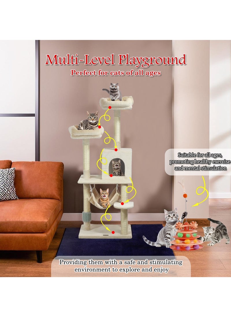 Cat tree, Cat tower for Indoor cat, Multi-level cat furniture with Cozy Hammock, Condo, and Top perches, Cat Tower with Track tower cat toy, Colorful play balls, Grooming self brush 145 cm (Beige)