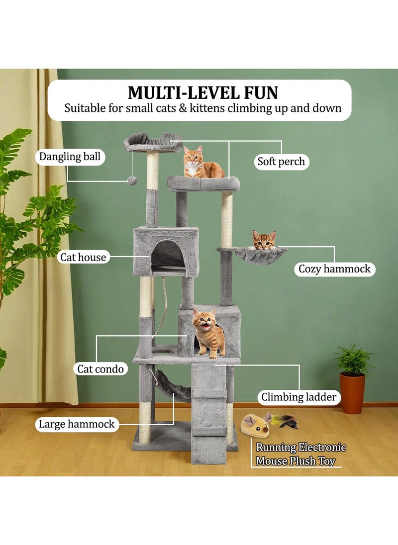 Large Multi-level cat tree with Condos, Plush perches, Hammock, and Climbing stair, Indoor Cat tree tower with Sisal-covered Scratching post, Electric mouse plush toy, Running mouse toy 180 cm (Grey)