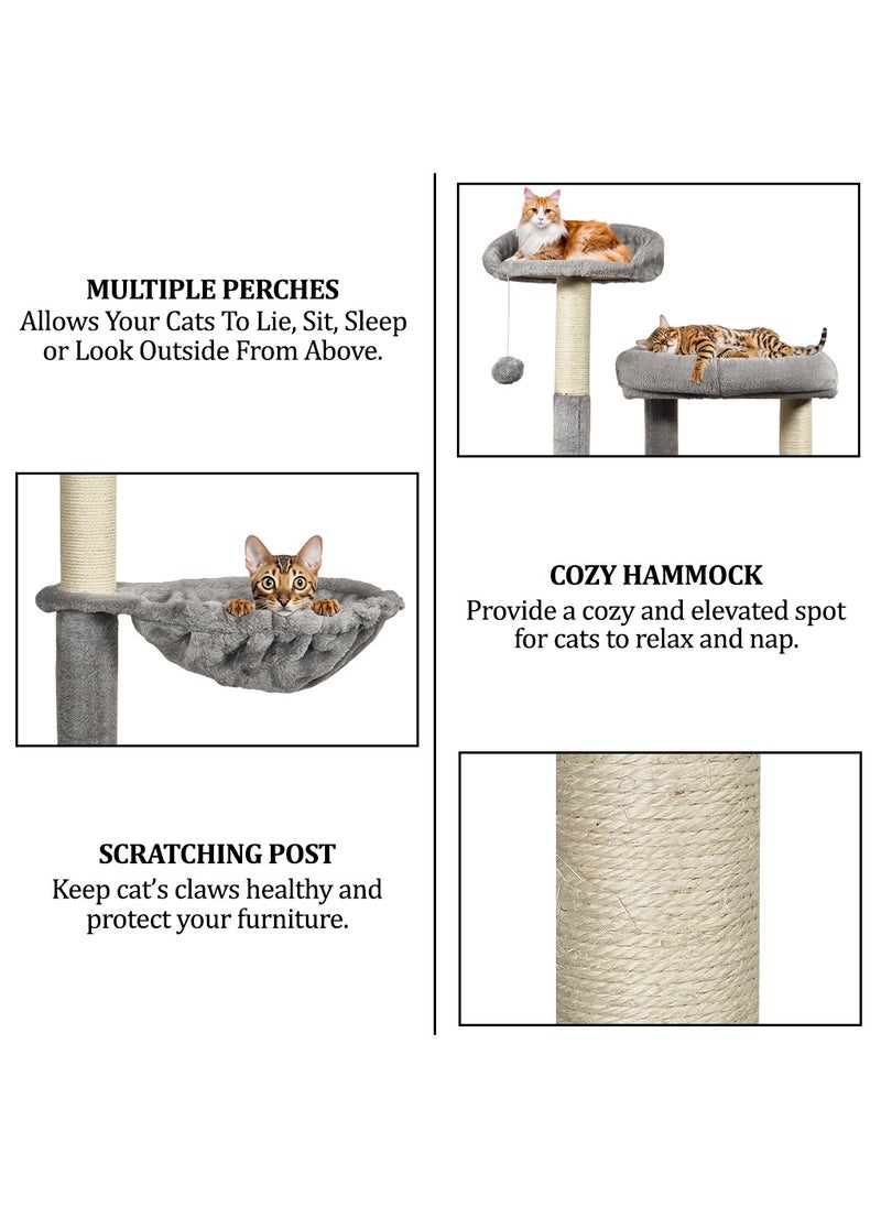 Large Multi-level cat tree with Condos, Plush perches, Hammock, and Climbing stair, Indoor Cat tree tower with Sisal-covered Scratching post, Electric mouse plush toy, Running mouse toy 180 cm (Grey)