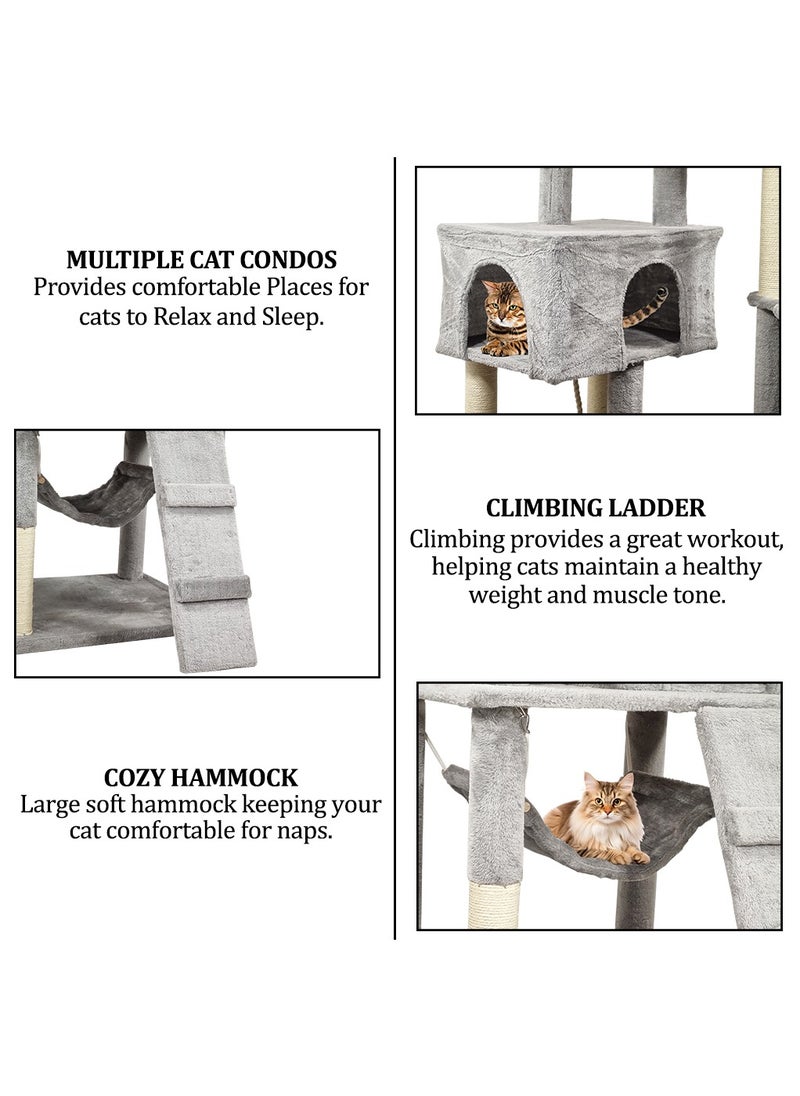 Large Multi-level cat tree with Condos, Plush perches, Hammock, and Climbing stair, Indoor Cat tree tower with Sisal-covered Scratching post, Electric mouse plush toy, Running mouse toy 180 cm (Grey)