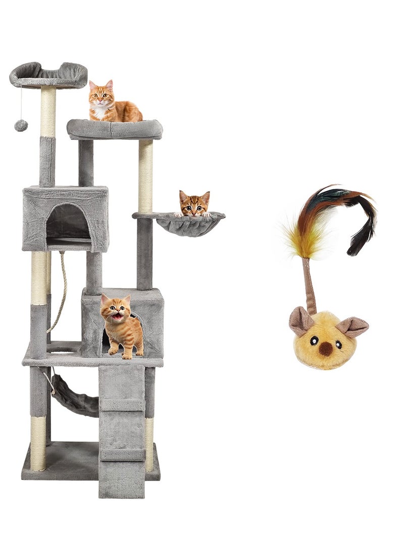 Large Multi-level cat tree with Condos, Plush perches, Hammock, and Climbing stair, Indoor Cat tree tower with Sisal-covered Scratching post, Electric mouse plush toy, Running mouse toy 180 cm (Grey)