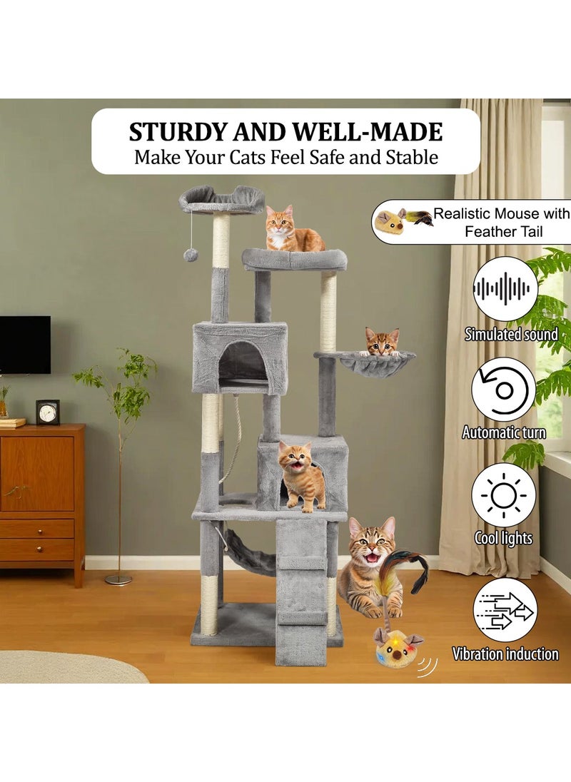 Large Multi-level cat tree with Condos, Plush perches, Hammock, and Climbing stair, Indoor Cat tree tower with Sisal-covered Scratching post, Electric mouse plush toy, Running mouse toy 180 cm (Grey)