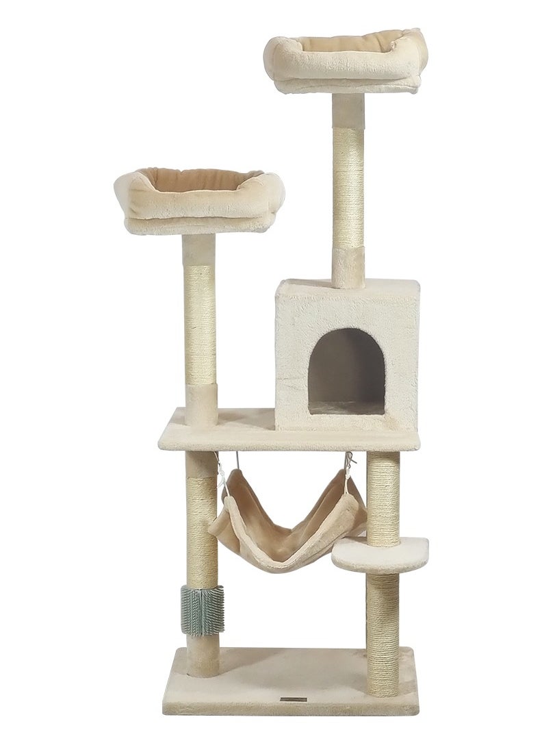 Multi-level cat tree with Hammock, Wide top perches, Multi-scratching posts, and Wide platform, Indoor cat tree tower with Condo, Grooming self brush, Soft fabric, and for all ages 145 cm (Beige)