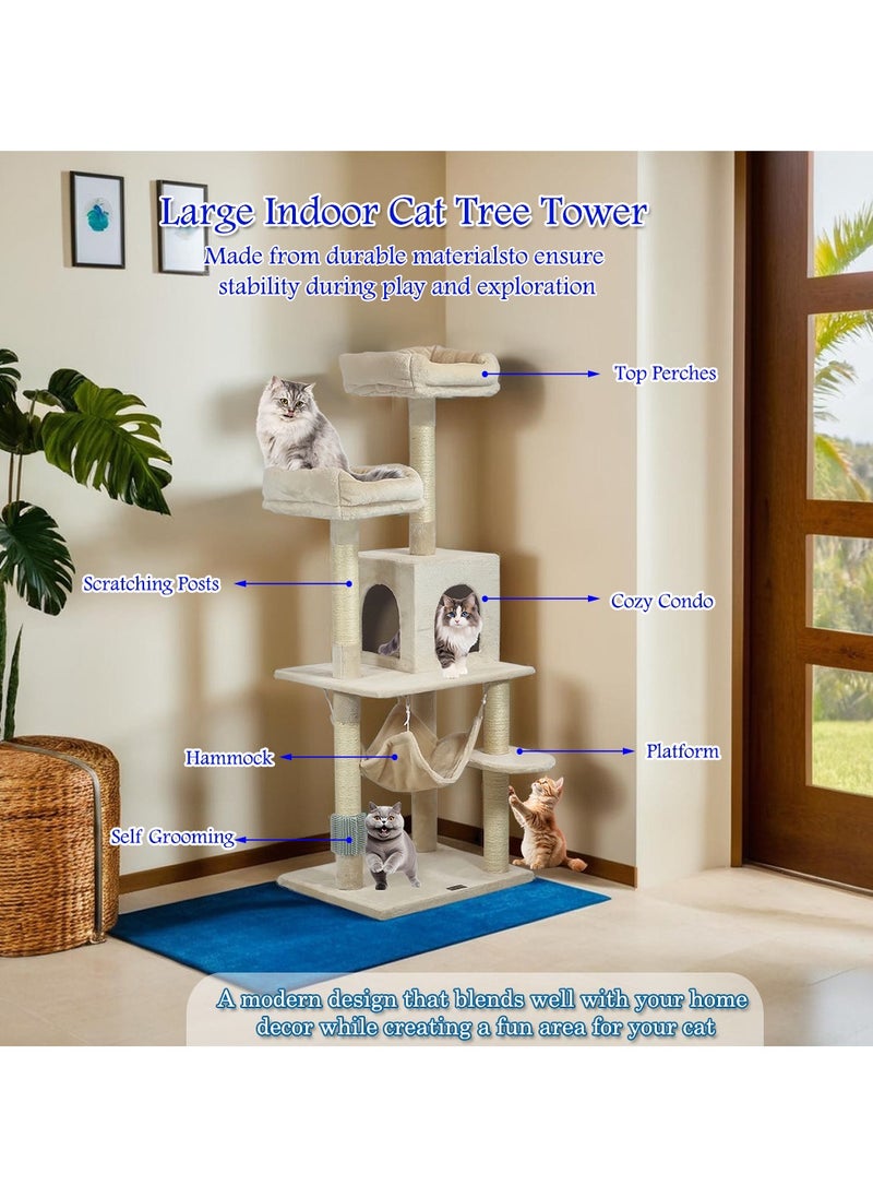 Multi-level cat tree with Hammock, Wide top perches, Multi-scratching posts, and Wide platform, Indoor cat tree tower with Condo, Grooming self brush, Soft fabric, and for all ages 145 cm (Beige)