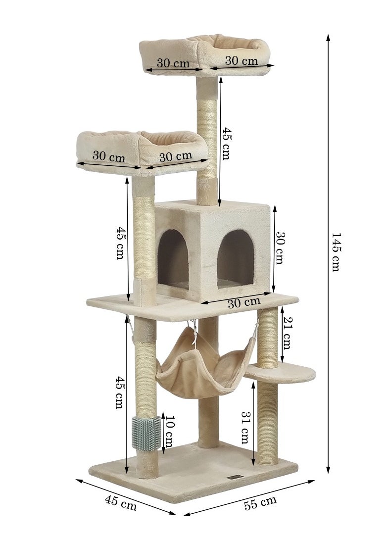 Multi-level cat tree with Hammock, Wide top perches, Multi-scratching posts, and Wide platform, Indoor cat tree tower with Condo, Grooming self brush, Soft fabric, and for all ages 145 cm (Beige)