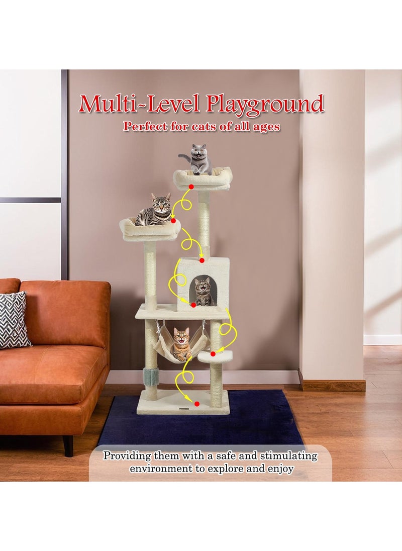 Multi-level cat tree with Hammock, Wide top perches, Multi-scratching posts, and Wide platform, Indoor cat tree tower with Condo, Grooming self brush, Soft fabric, and for all ages 145 cm (Beige)