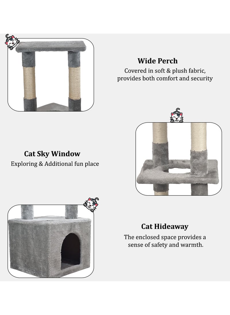 Cat tree with Cozy condo, Soft fabric cover cat tree, Multiple scratching posts, and Top perch, Indoor cat playground with Cat toy, Cat toy ball with mice, and Rolling ball 110 cm (Grey)