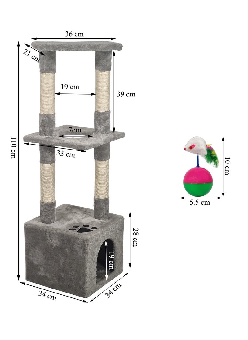 Cat tree with Cozy condo, Soft fabric cover cat tree, Multiple scratching posts, and Top perch, Indoor cat playground with Cat toy, Cat toy ball with mice, and Rolling ball 110 cm (Grey)