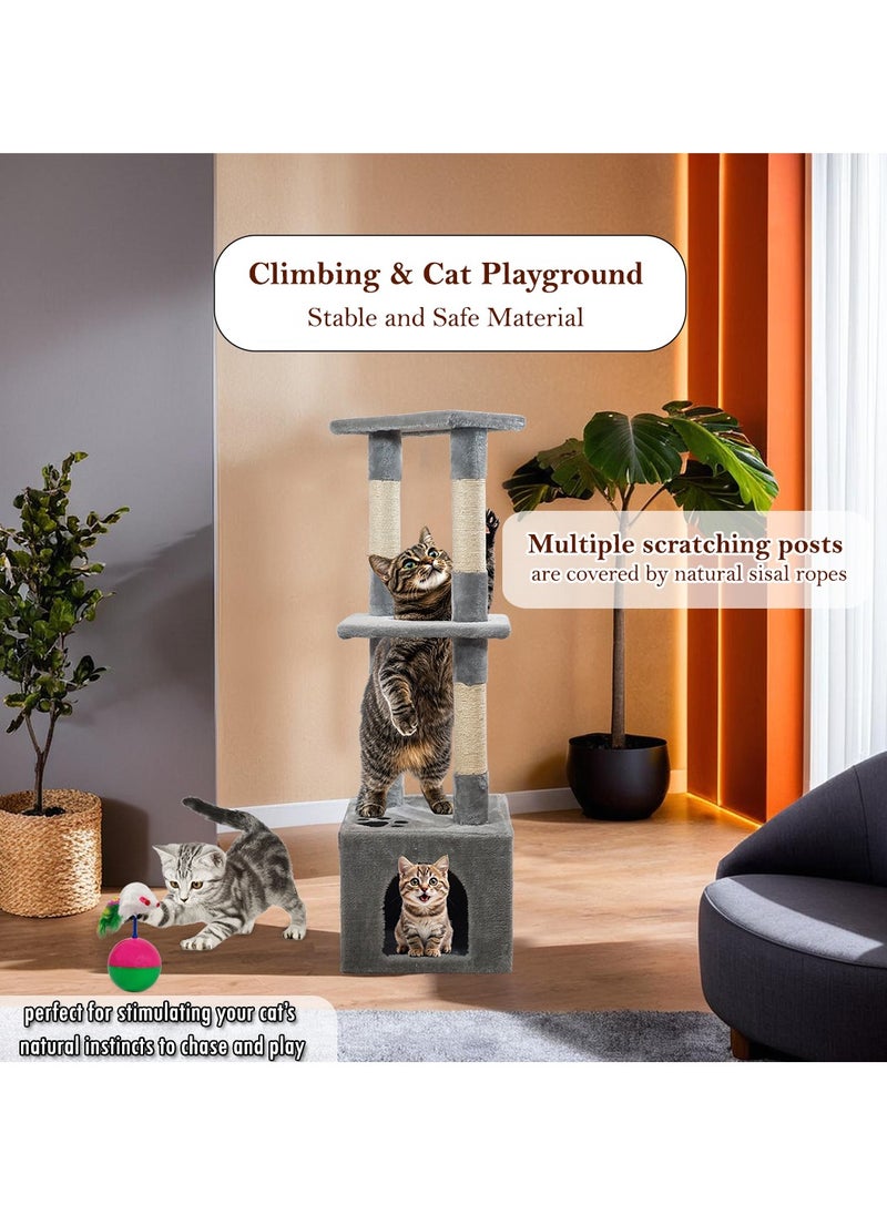 Cat tree with Cozy condo, Soft fabric cover cat tree, Multiple scratching posts, and Top perch, Indoor cat playground with Cat toy, Cat toy ball with mice, and Rolling ball 110 cm (Grey)