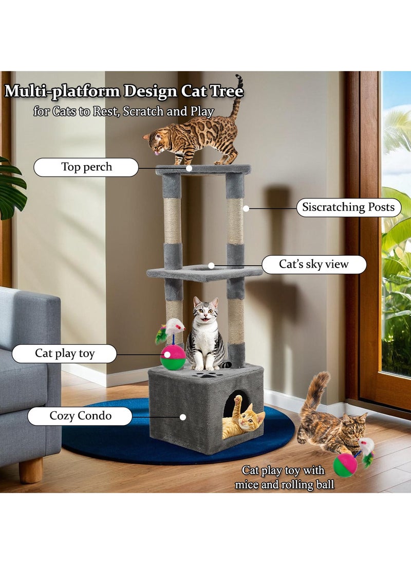 Cat tree with Cozy condo, Soft fabric cover cat tree, Multiple scratching posts, and Top perch, Indoor cat playground with Cat toy, Cat toy ball with mice, and Rolling ball 110 cm (Grey)