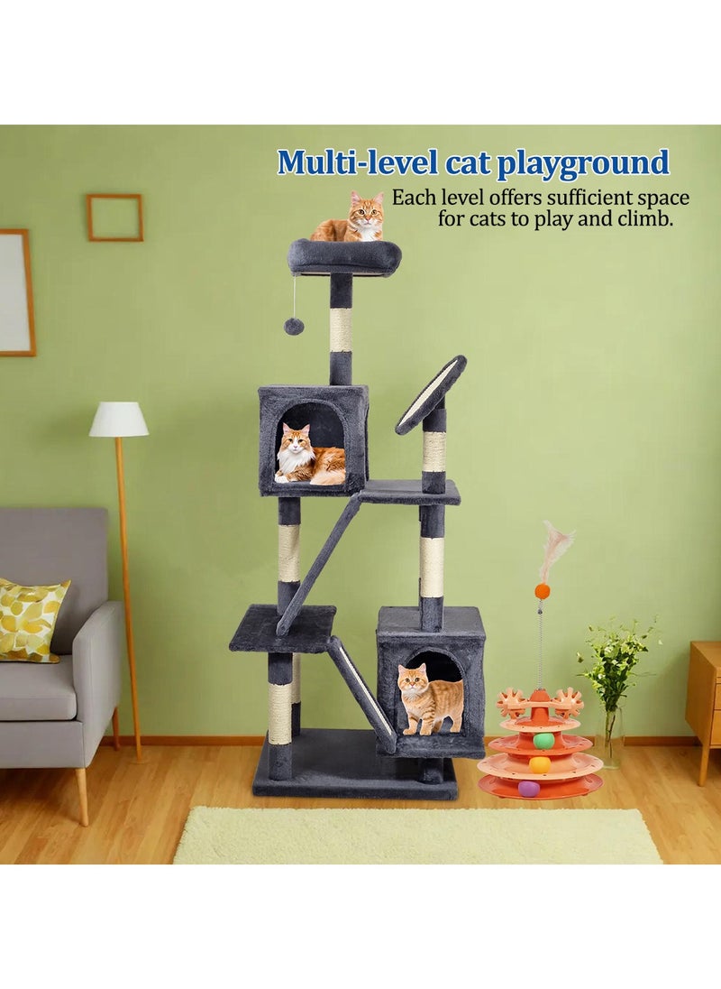 Cat tree tower with Cat turntable toy, Soft perch, Scratching posts, Hanging toys, and Cozy cat condos, Multi-functional cat tree for Indoor cats, Easy to assemble 160 cm (dark grey)