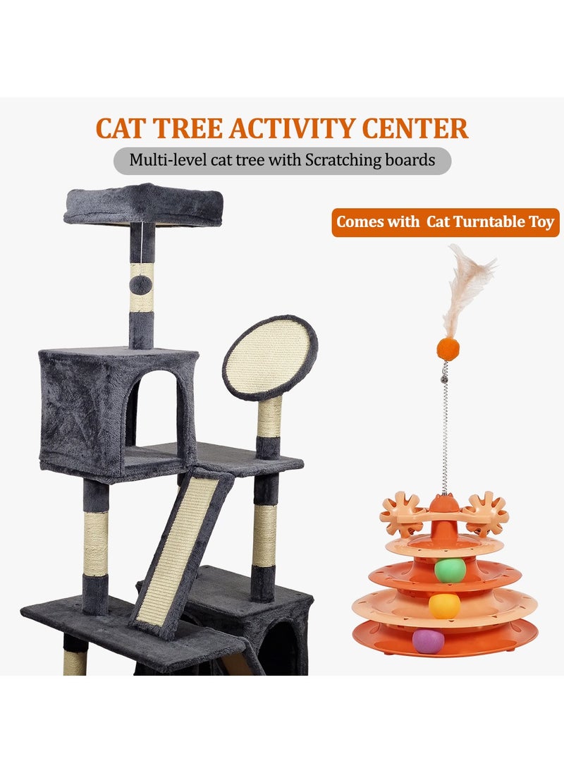 Cat tree tower with Cat turntable toy, Soft perch, Scratching posts, Hanging toys, and Cozy cat condos, Multi-functional cat tree for Indoor cats, Easy to assemble 160 cm (dark grey)