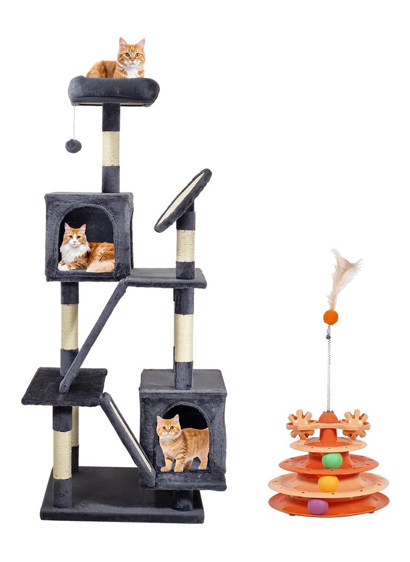 Cat tree tower with Cat turntable toy, Soft perch, Scratching posts, Hanging toys, and Cozy cat condos, Multi-functional cat tree for Indoor cats, Easy to assemble 160 cm (dark grey)