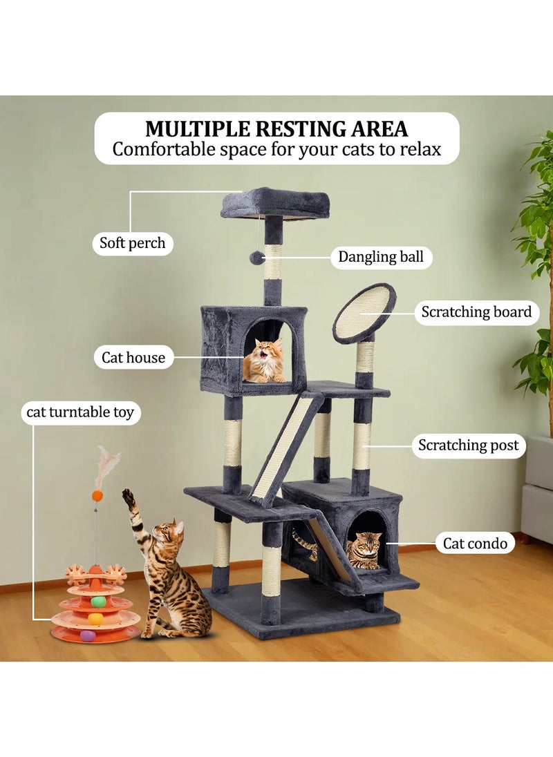 Cat tree tower with Cat turntable toy, Soft perch, Scratching posts, Hanging toys, and Cozy cat condos, Multi-functional cat tree for Indoor cats, Easy to assemble 160 cm (dark grey)