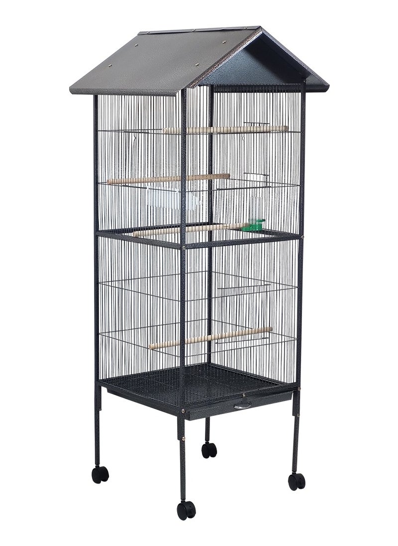 Large bird cage with Roof, Wooden, Plastic feeder, and Water bottle feeder, Rolling stand Bird Cage for Indoor & Outdoor, Parakeet Bird Cage with Removable Tray, Small to large birds 160 cm (Black)