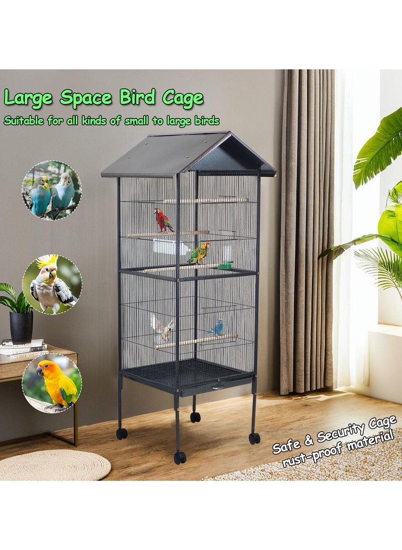 Large bird cage with Roof, Wooden, Plastic feeder, and Water bottle feeder, Rolling stand Bird Cage for Indoor & Outdoor, Parakeet Bird Cage with Removable Tray, Small to large birds 160 cm (Black)