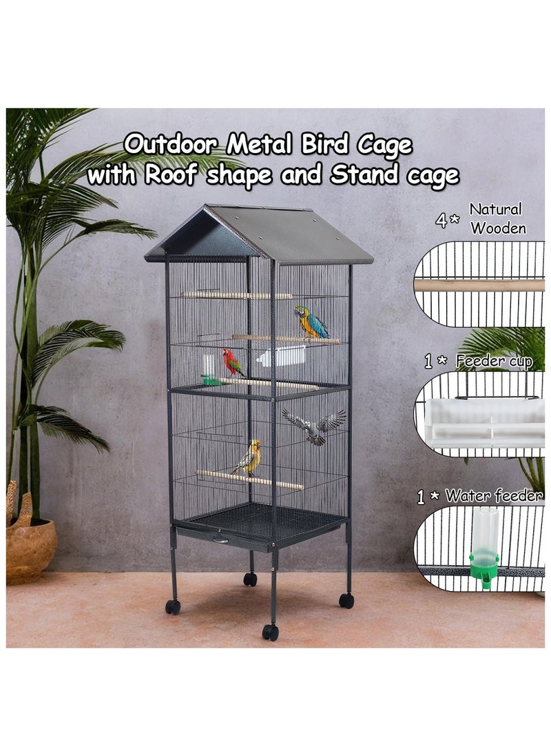 Large bird cage with Roof, Wooden, Plastic feeder, and Water bottle feeder, Rolling stand Bird Cage for Indoor & Outdoor, Parakeet Bird Cage with Removable Tray, Small to large birds 160 cm (Black)