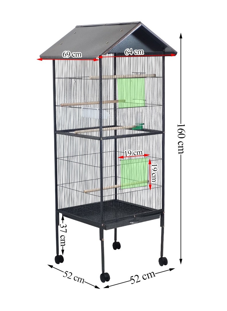 Large bird cage with Roof, Wooden, Plastic feeder, and Water bottle feeder, Rolling stand Bird Cage for Indoor & Outdoor, Parakeet Bird Cage with Removable Tray, Small to large birds 160 cm (Black)