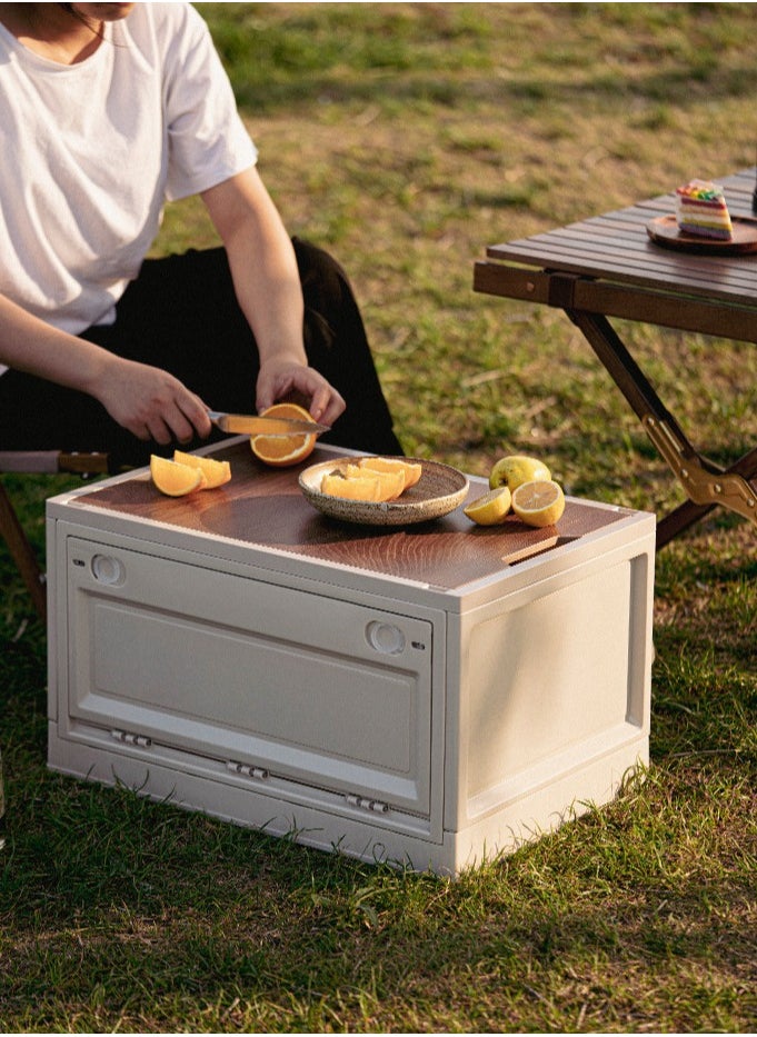 Camping Storage Box,Outdoor Storage Bin with Wooden Lid,Large Capacity Folding Storage Case, Lightweight Folding Picnic Table Camping Table and Storage for Outdoor Cooking Picnic Camp