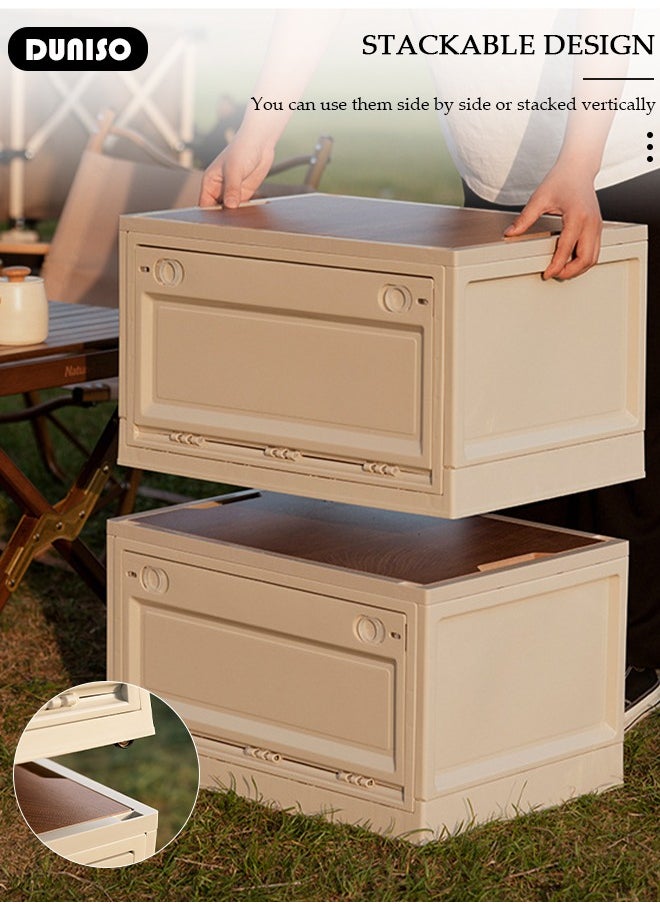 Camping Storage Box,Outdoor Storage Bin with Wooden Lid,Large Capacity Folding Storage Case, Lightweight Folding Picnic Table Camping Table and Storage for Outdoor Cooking Picnic Camp