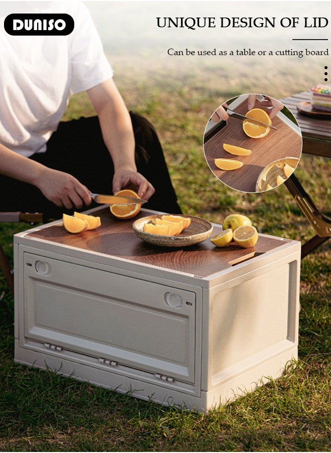 Camping Storage Box,Outdoor Storage Bin with Wooden Lid,Large Capacity Folding Storage Case, Lightweight Folding Picnic Table Camping Table and Storage for Outdoor Cooking Picnic Camp