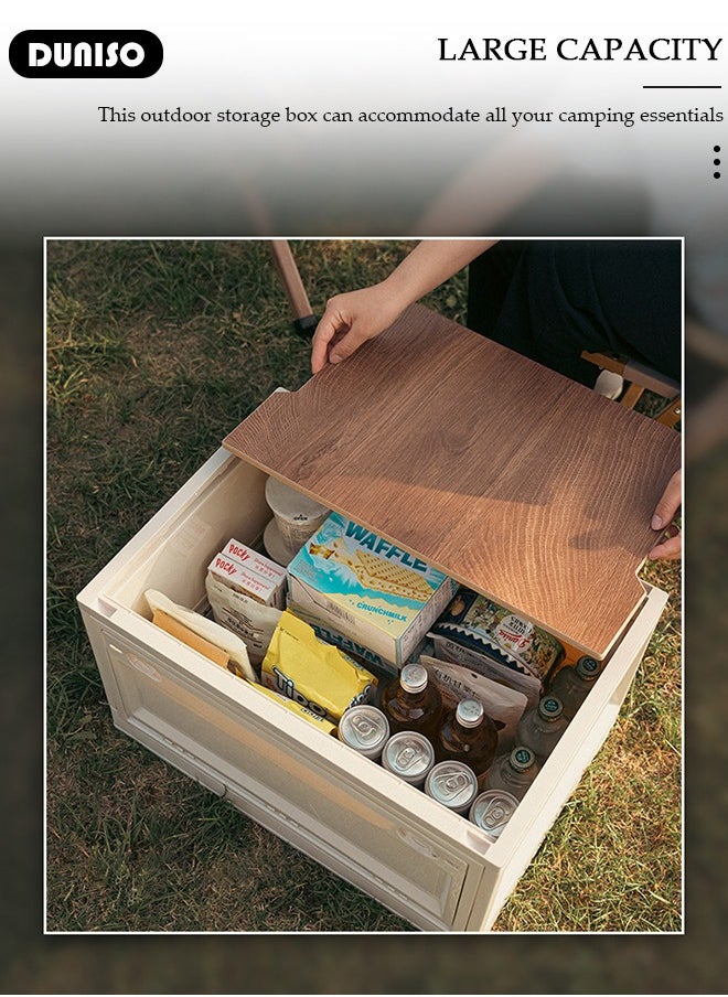 Camping Storage Box,Outdoor Storage Bin with Wooden Lid,Large Capacity Folding Storage Case, Lightweight Folding Picnic Table Camping Table and Storage for Outdoor Cooking Picnic Camp