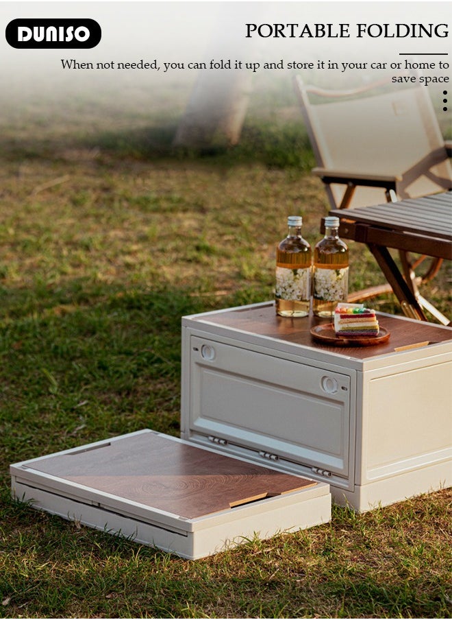 Camping Storage Box,Outdoor Storage Bin with Wooden Lid,Large Capacity Folding Storage Case, Lightweight Folding Picnic Table Camping Table and Storage for Outdoor Cooking Picnic Camp