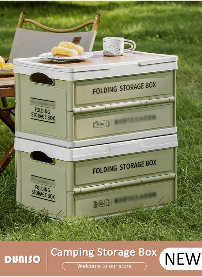 Portable Camping Storage Box,Outdoor Storage Bin with Wooden Lid,Large Capacity Folding Storage Case with Handle, Lightweight Folding Picnic Table Camping Table and Storage for Outdoor Cooking Picnic Camp