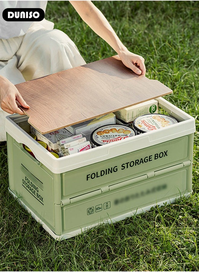 Portable Camping Storage Box,Outdoor Storage Bin with Wooden Lid,Large Capacity Folding Storage Case with Handle, Lightweight Folding Picnic Table Camping Table and Storage for Outdoor Cooking Picnic Camp