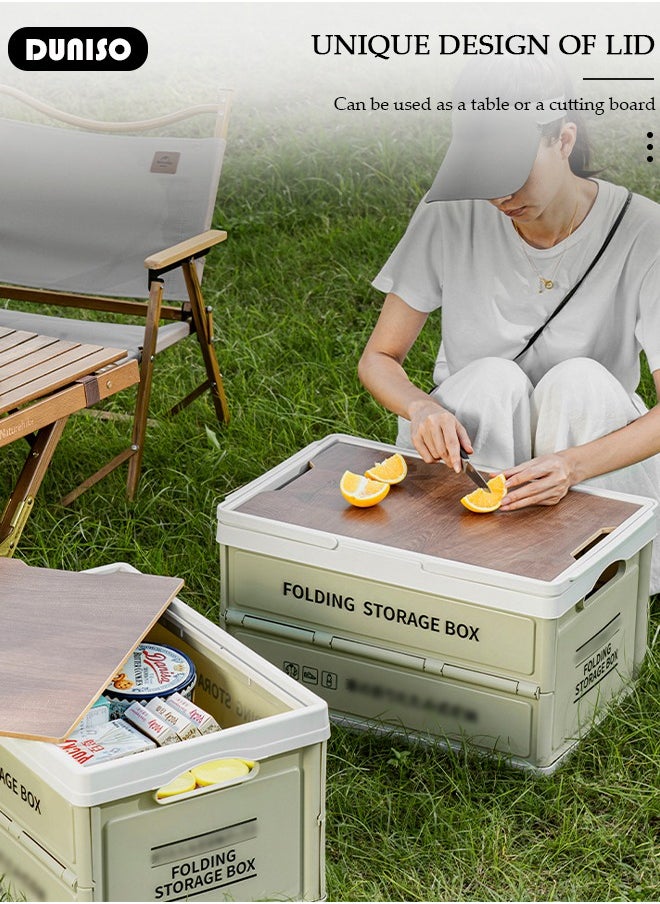 Portable Camping Storage Box,Outdoor Storage Bin with Wooden Lid,Large Capacity Folding Storage Case with Handle, Lightweight Folding Picnic Table Camping Table and Storage for Outdoor Cooking Picnic Camp