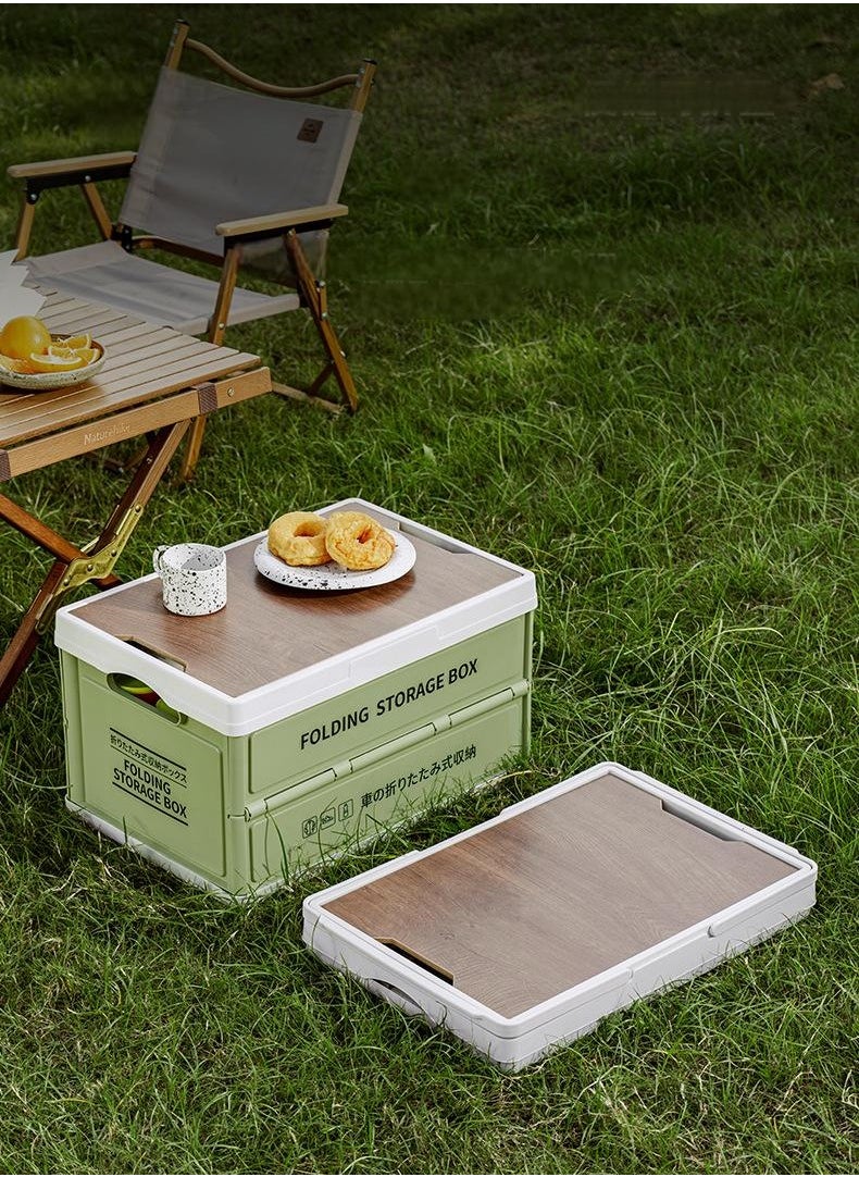 Portable Camping Storage Box,Outdoor Storage Bin with Wooden Lid,Large Capacity Folding Storage Case with Handle, Lightweight Folding Picnic Table Camping Table and Storage for Outdoor Cooking Picnic Camp