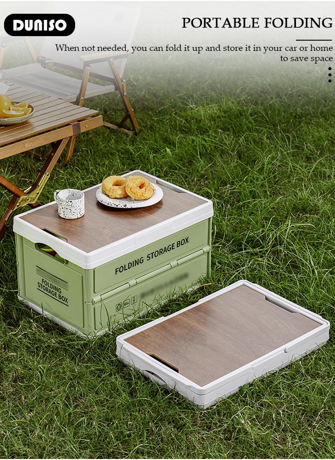Portable Camping Storage Box,Outdoor Storage Bin with Wooden Lid,Large Capacity Folding Storage Case with Handle, Lightweight Folding Picnic Table Camping Table and Storage for Outdoor Cooking Picnic Camp