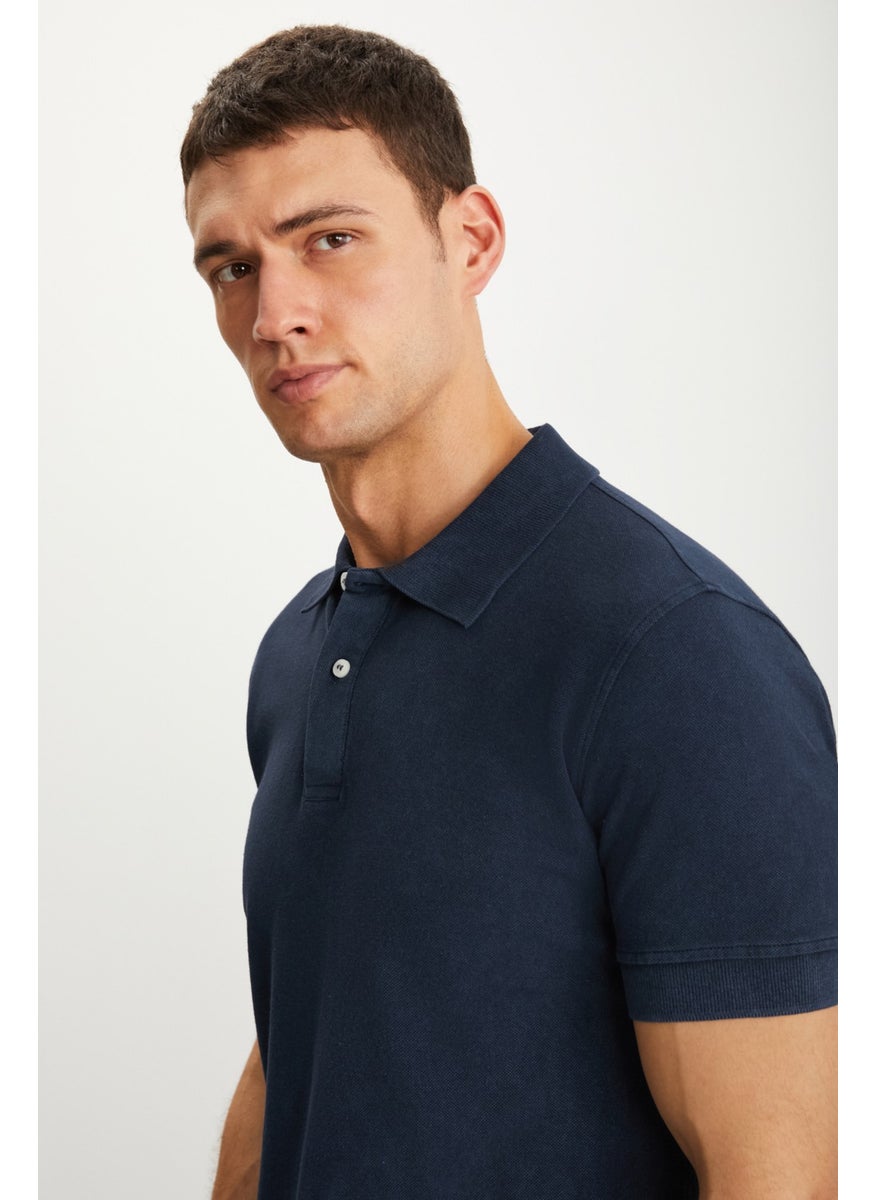 Vernon Men's Faded Effect Navy Blue Polo Neck T-Shirt