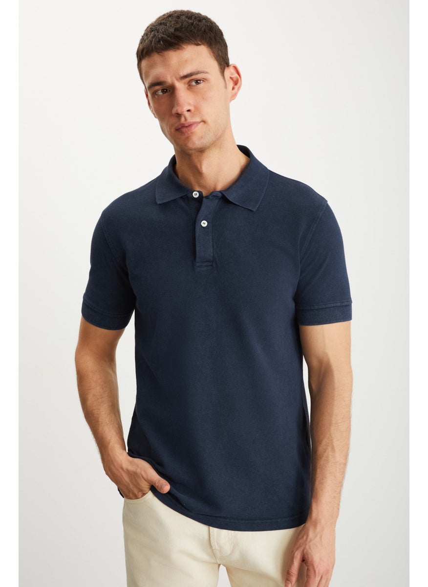 Vernon Men's Faded Effect Navy Blue Polo Neck T-Shirt