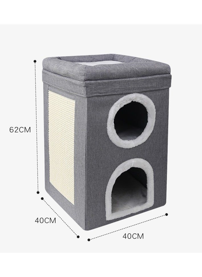 4 In 1 Cat House Large Kitten Cave Foldable Pet Bed With Balcony And Cube Cat Scratching Pad Pet Sleeping Cot Cat Play Center 40x40x64Cm