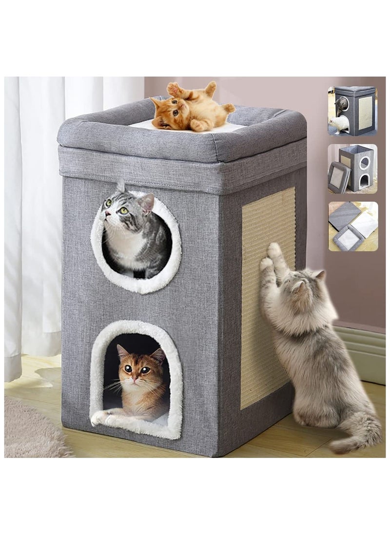 4 In 1 Cat House Large Kitten Cave Foldable Pet Bed With Balcony And Cube Cat Scratching Pad Pet Sleeping Cot Cat Play Center 40x40x64Cm