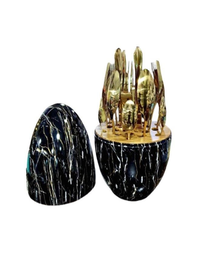 Elegant Egg Style Black Marble Cutlery Holder with Gold-Plated Spoon Set – 24 Pcs