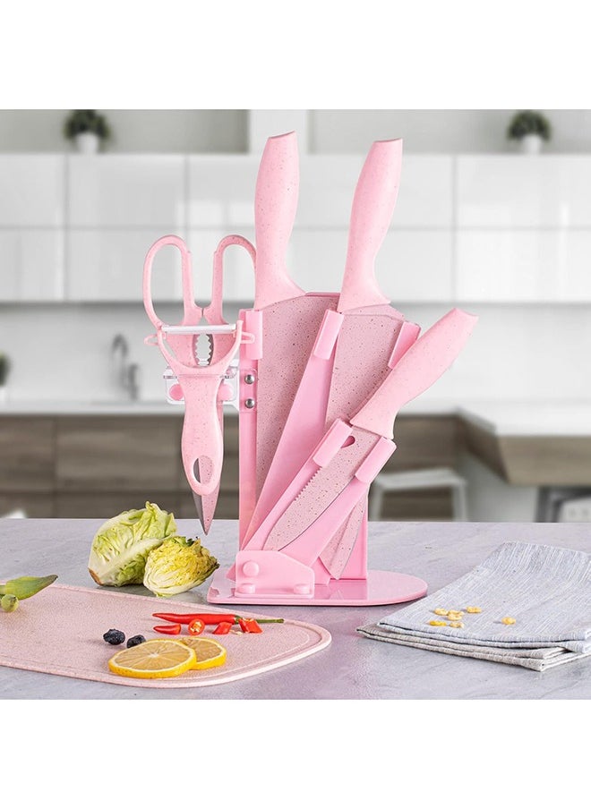 7 Pieces of Pink Kitchen Knife Set - Non-stick Stainless Steel Kitchen Knives Set With 1 Scissor & 1 Peeler Stand and Chopping Board