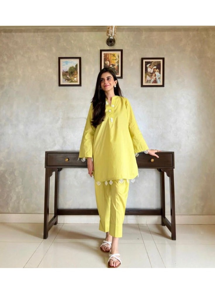 Woman's Antique Lime Green Irish Linen Shirt with Handcrafted Aari Embroidery – Chic & Contemporary