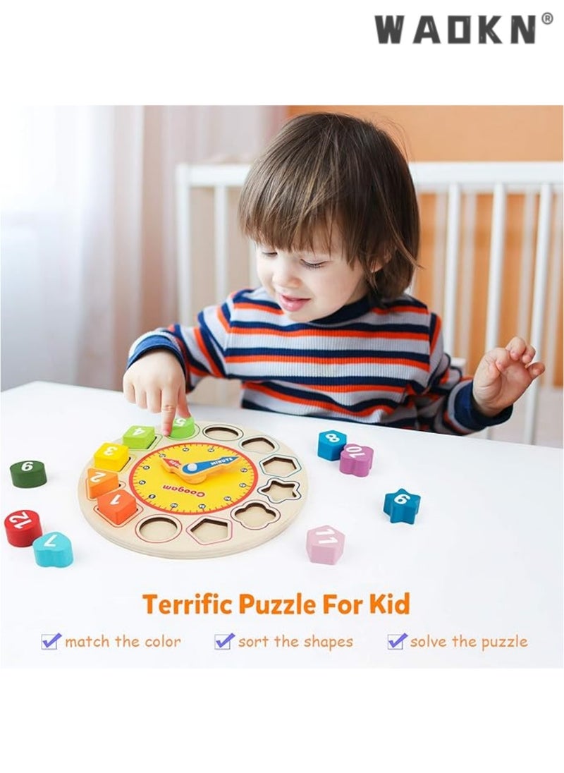 Wooden Shape Color Sorting Clock Â– Teaching Time Number Blocks Puzzle Stacking Sorter Jigsaw Montessori Early Learning Educational Toy Gift For 1 2 3 Year Old Toddler Baby Kids