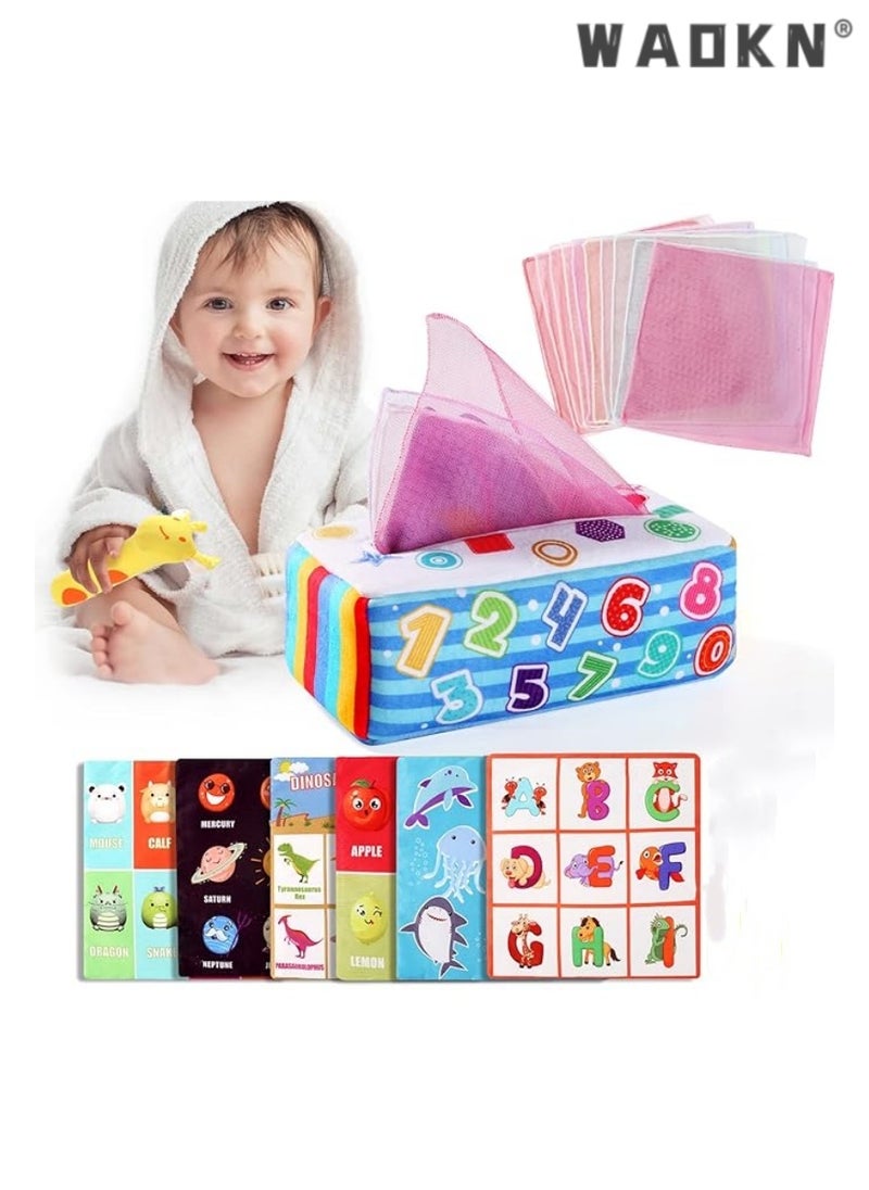 Montessori Toys 1 Year and Above, Tissue Box Toy for Baby with 10 Coloured Cloths & 6 Crinkle Cloths, Montessori Sensory Toys for Baby 6-36 Months