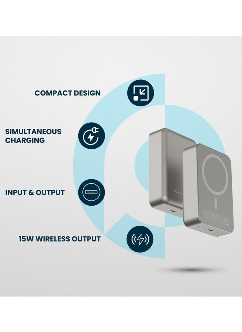 20000mAh Power Bank, Compatible with MagSafe, PD 20W Fast Charge, 15W Wireless Output, Simultaneous Charging, Compact Design & Portable_Titanium